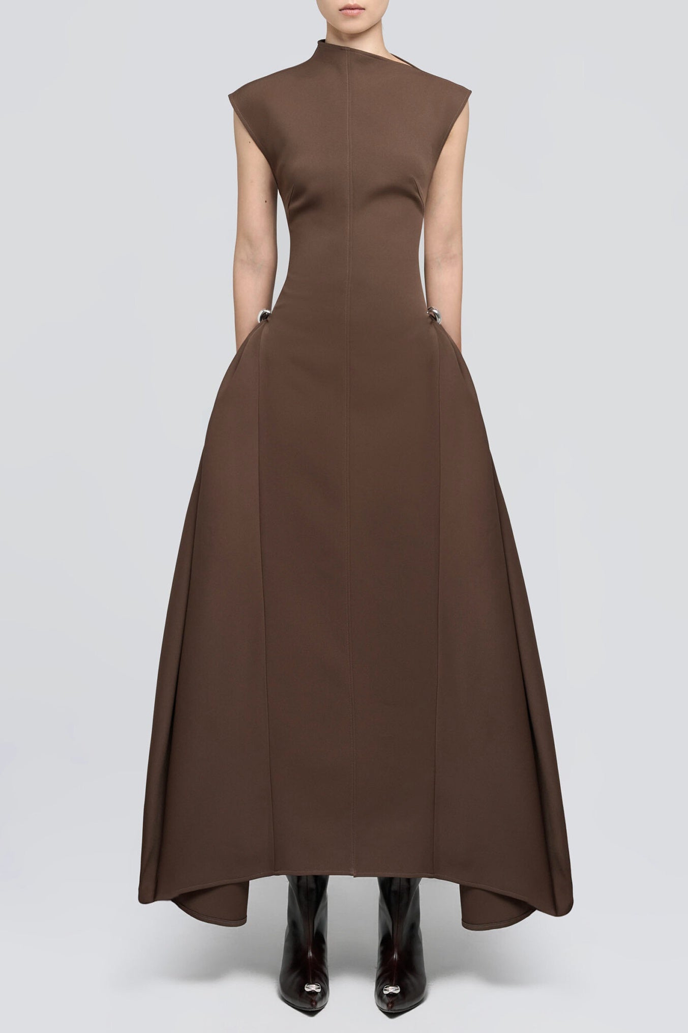 EorkoneSymmetricDrapesFlaredMidiDress-Brown1 EORKONE FLARED MIDI DRAPE DRESS - BROWN