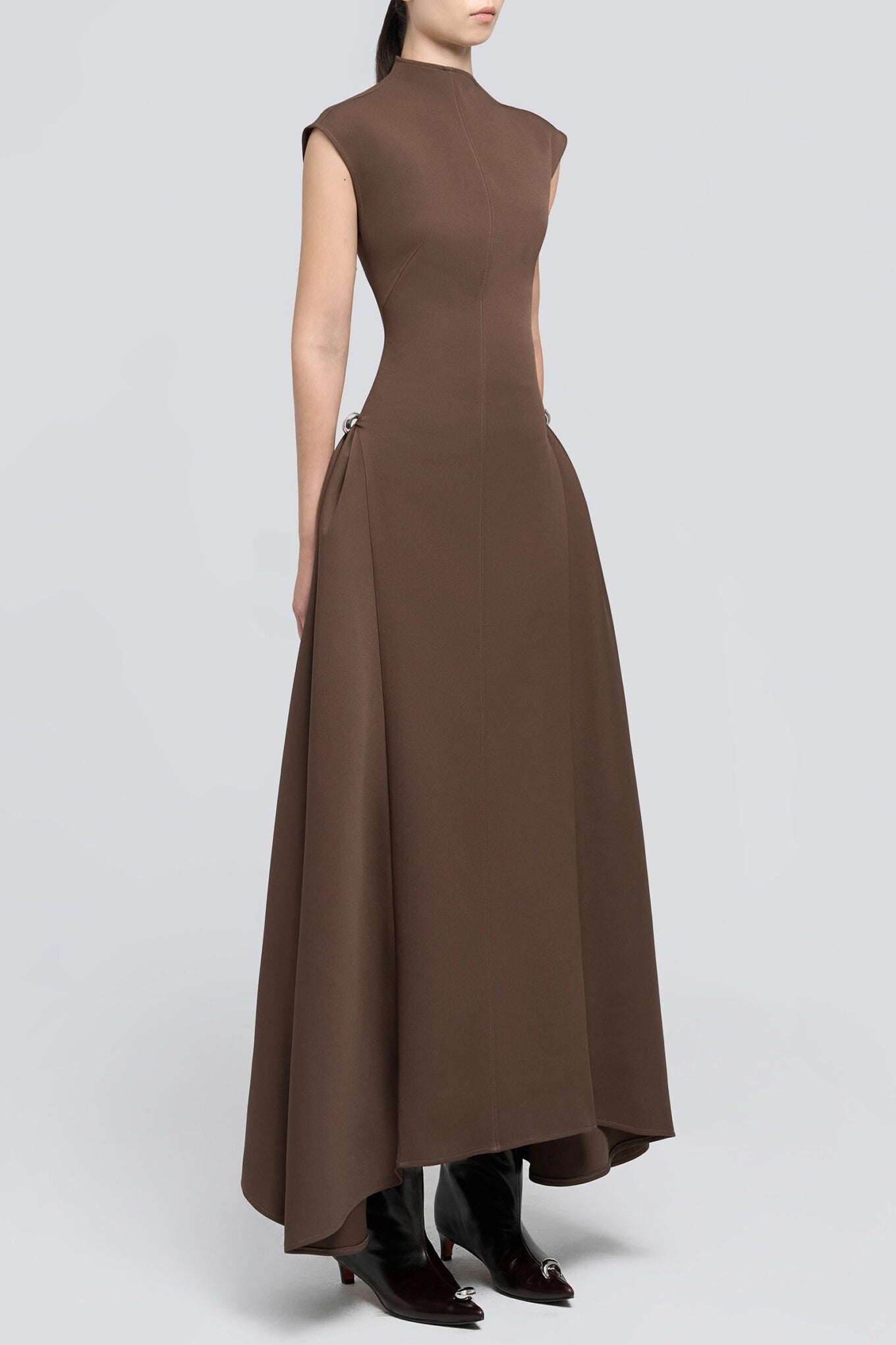 EORKONE FLARED MIDI DRAPE DRESS - BROWN