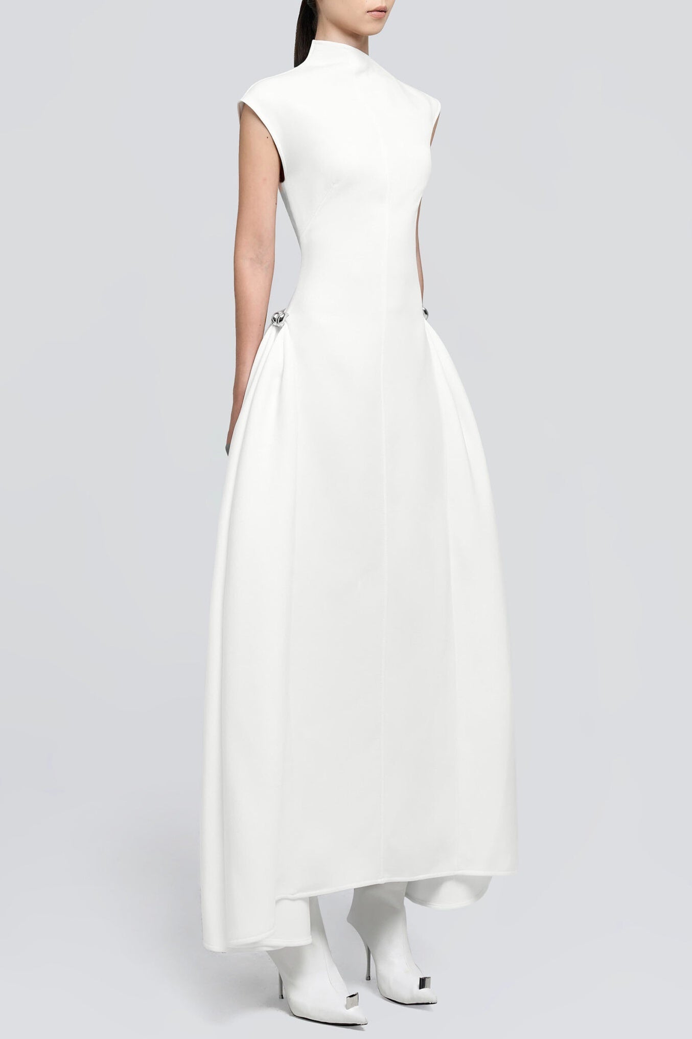 EORKONE WHITE SYMMETRIC DRAPE FLARED MIDI DRESS