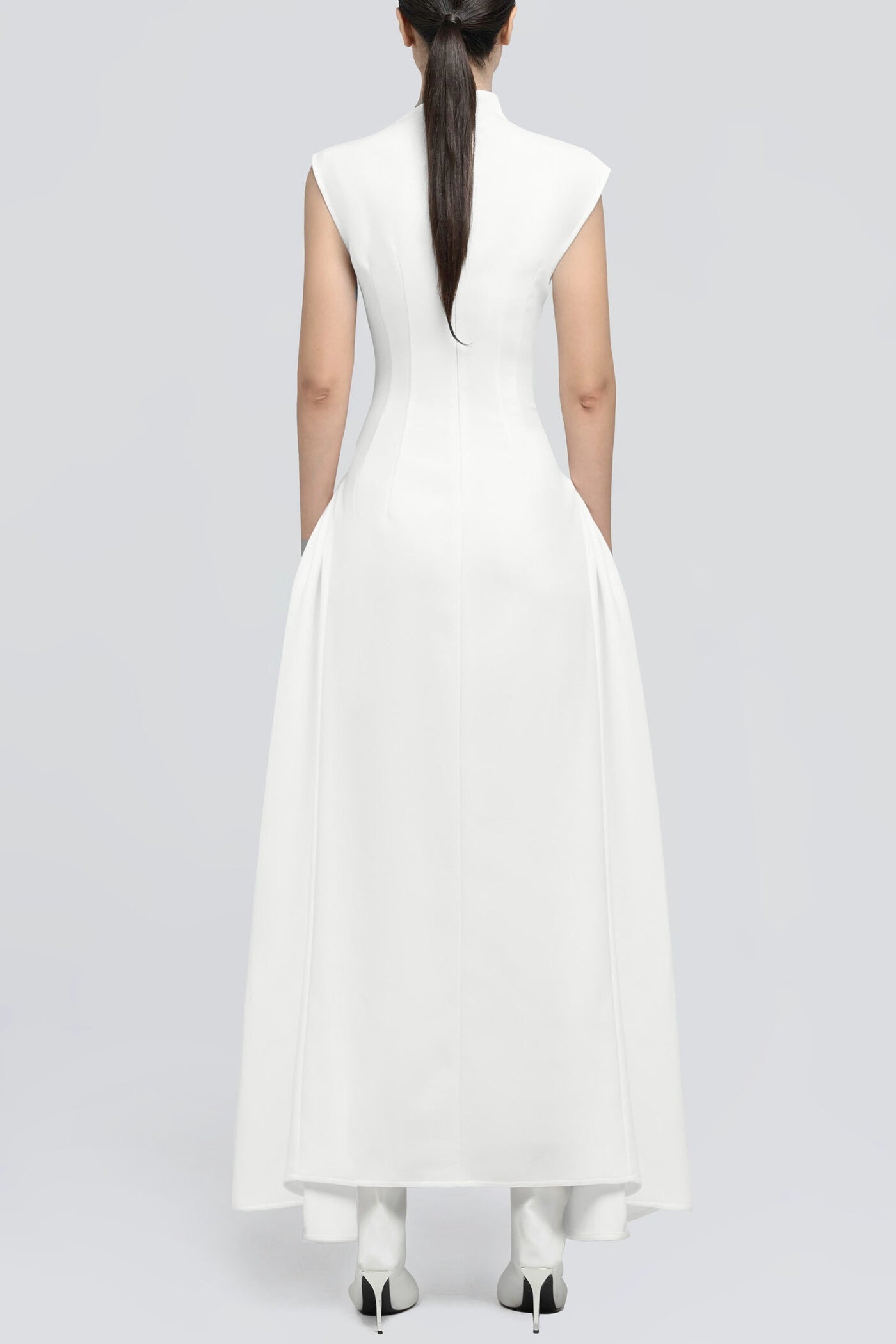 EORKONE WHITE SYMMETRIC DRAPE FLARED MIDI DRESS