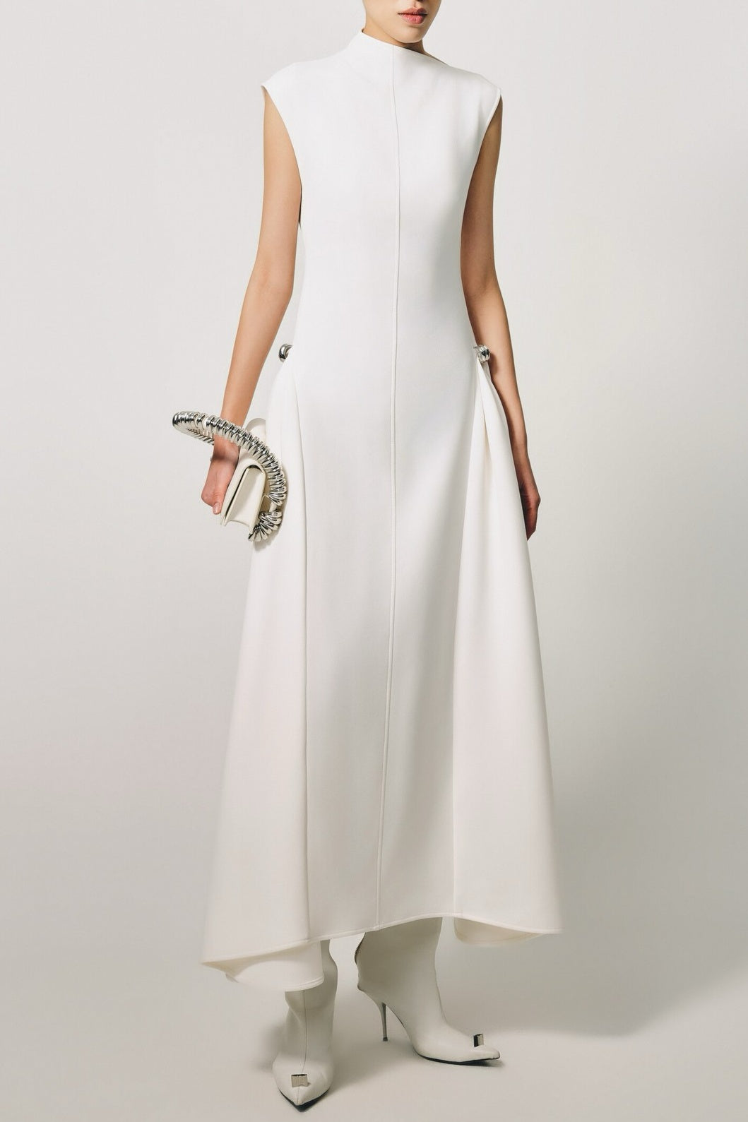 EORKONE WHITE SYMMETRIC DRAPE FLARED MIDI DRESS