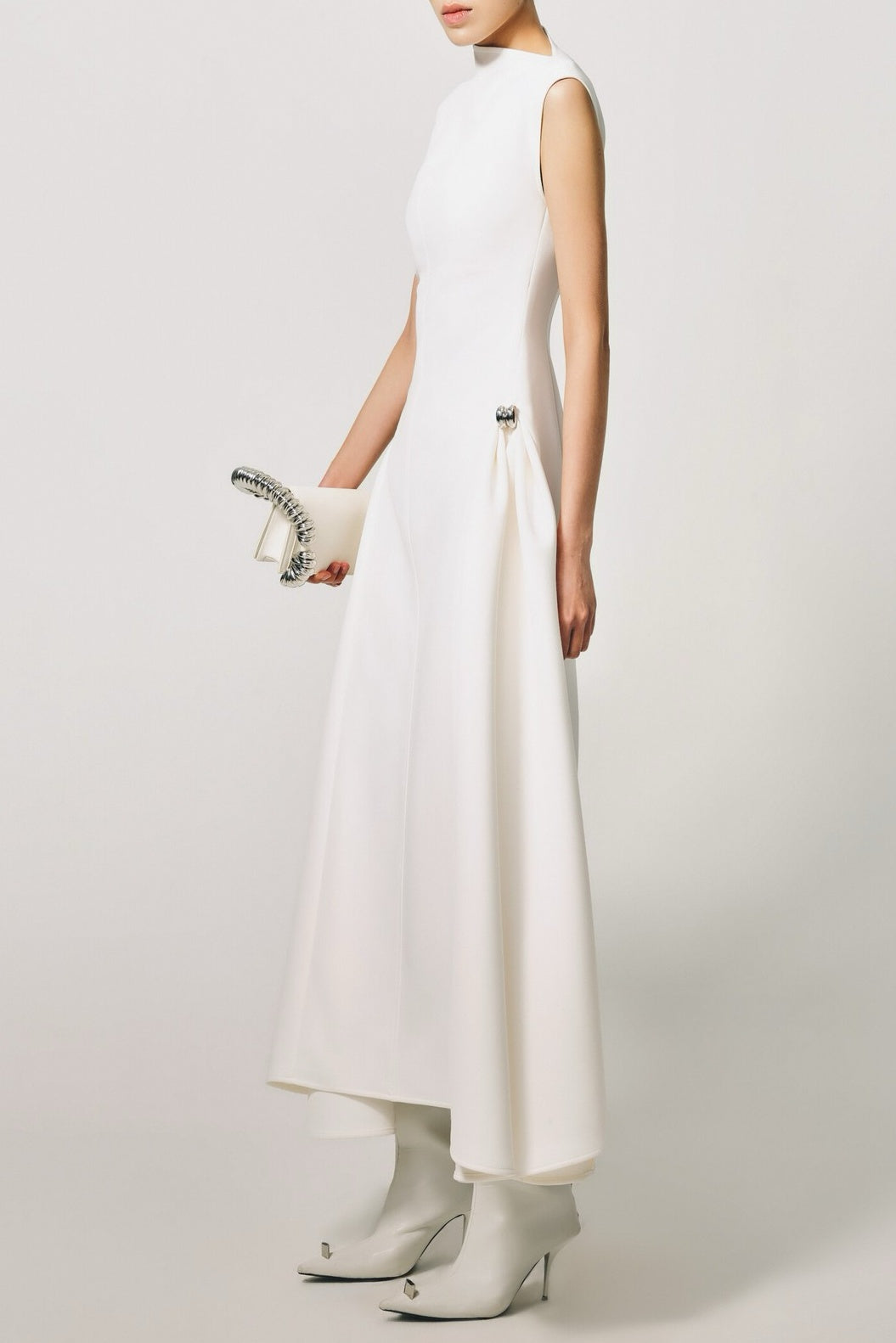 EORKONE WHITE SYMMETRIC DRAPE FLARED MIDI DRESS