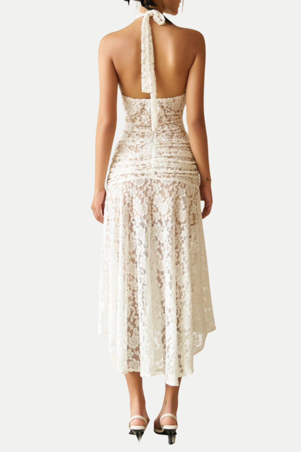 ELEGANT HALTER LACE MIDI DRESS FOR WEDDING GUEST