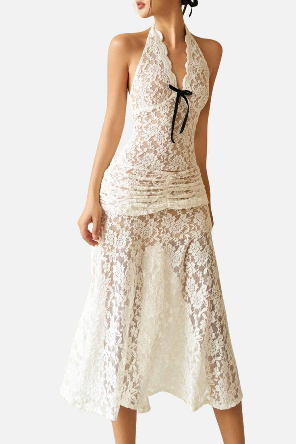 ELEGANT HALTER LACE MIDI DRESS FOR WEDDING GUEST