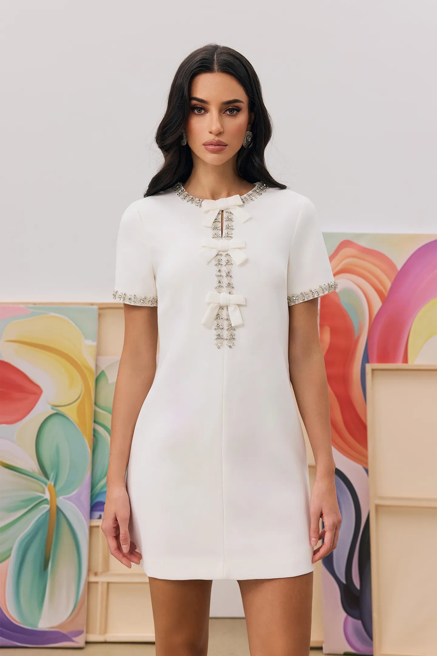 CLARISSE CRYSTAL BOW MINI DRESS FOR EVENING