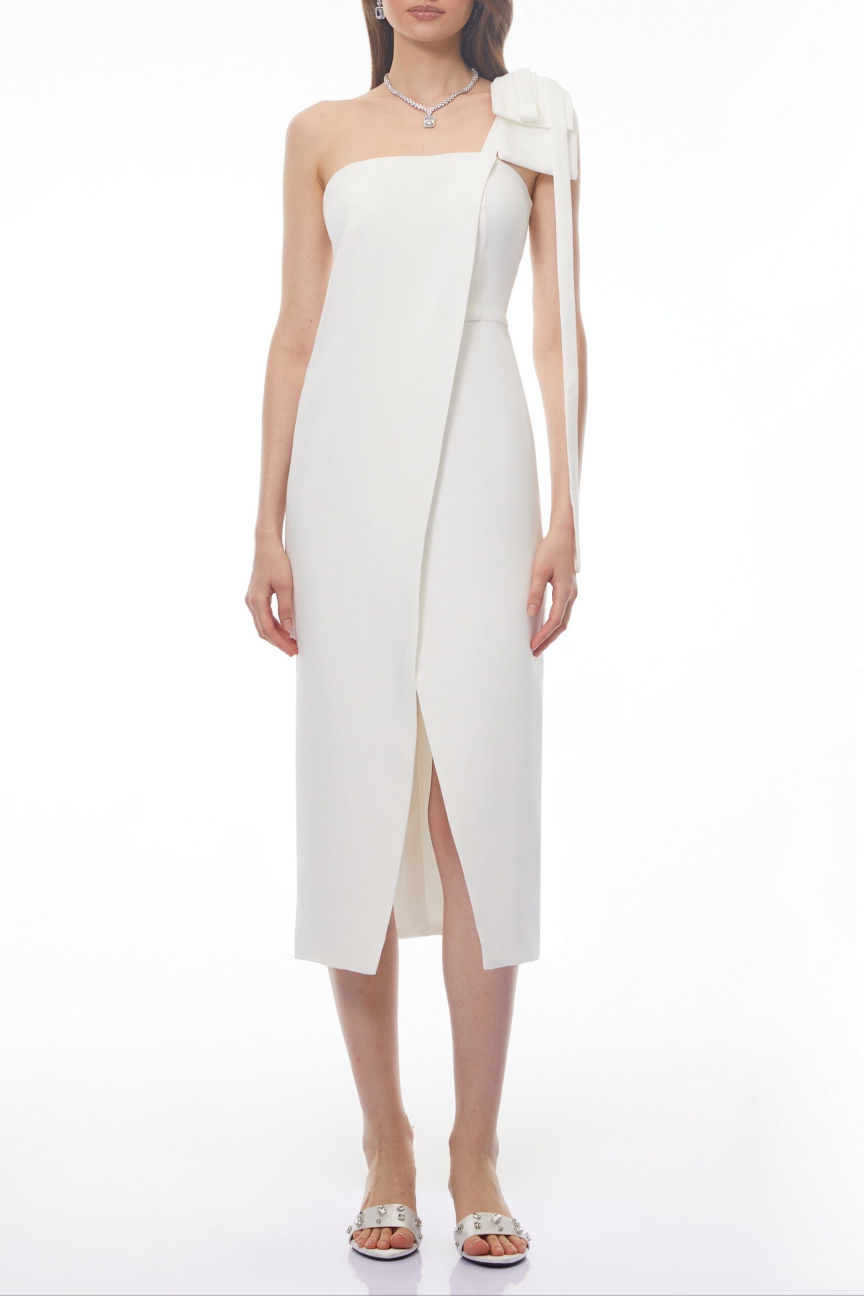 ESTELLE WHITE OFF-SHOULDER SATIN MIDI BOW DRESS