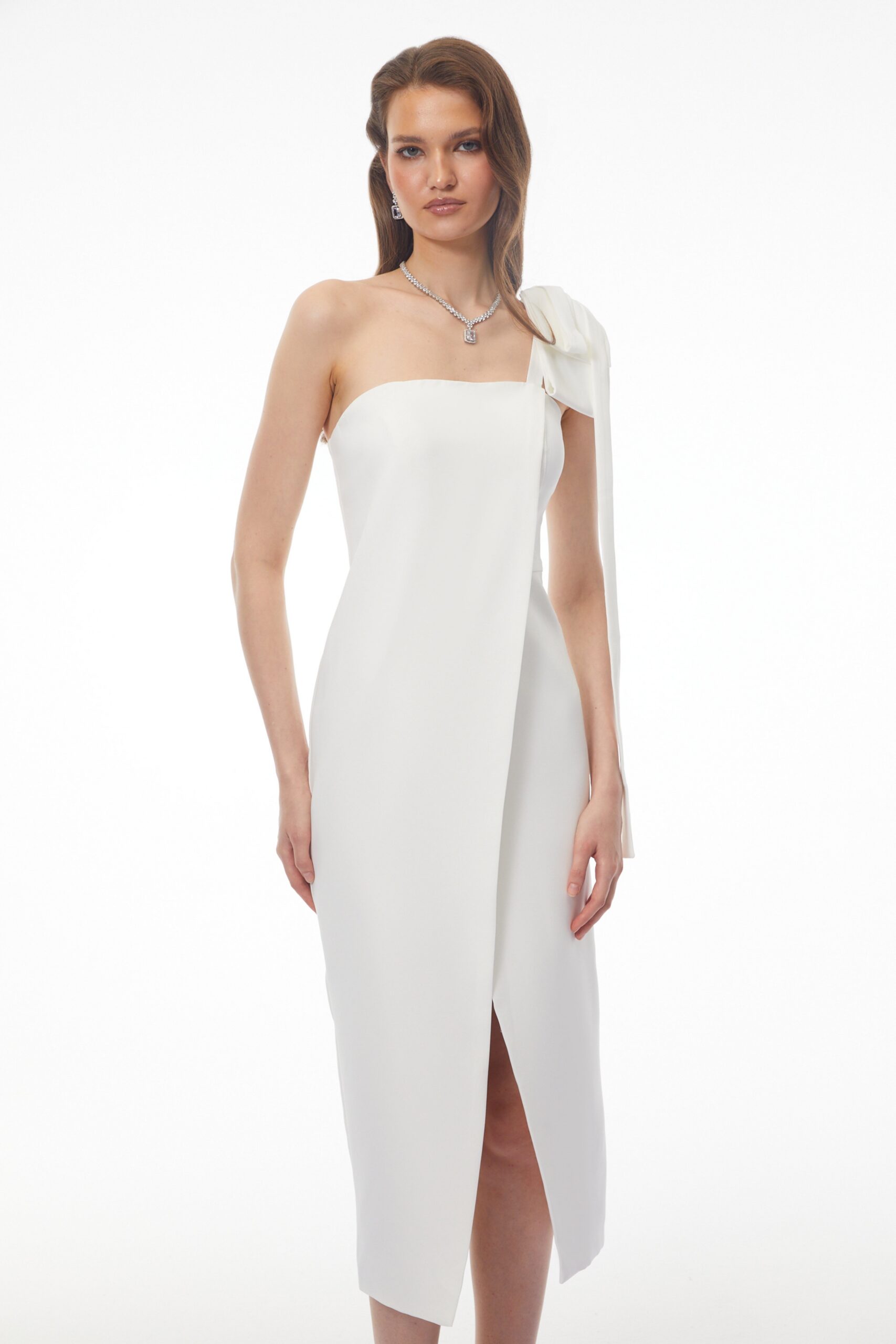 ESTELLE WHITE OFF-SHOULDER SATIN MIDI BOW DRESS