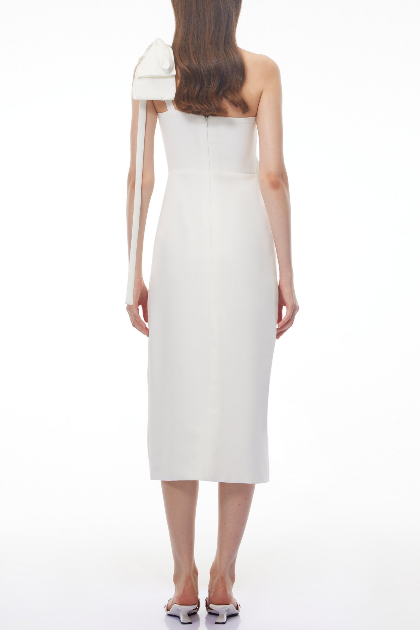 ESTELLE WHITE OFF-SHOULDER SATIN MIDI BOW DRESS