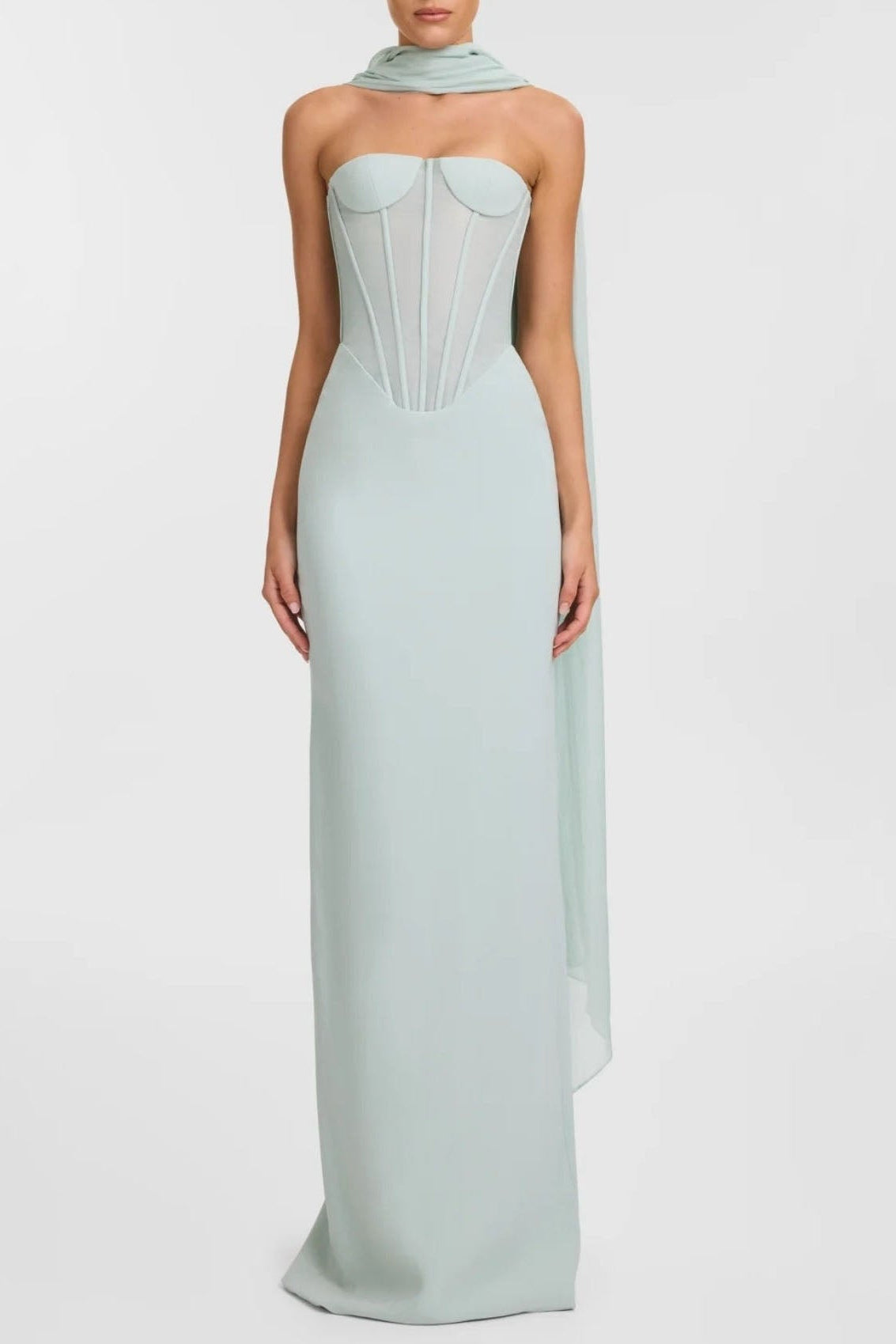 EstonStraplessCorsetMaxiDressFlo RAMIRE STRAPLESS MESH CORSET MAXI DRESS