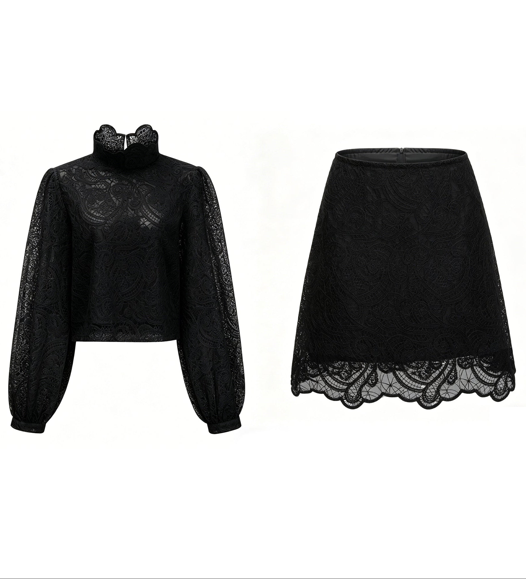 BLACK LACE PUFF SLEEVE TOP & A-LINE SKIRT SET