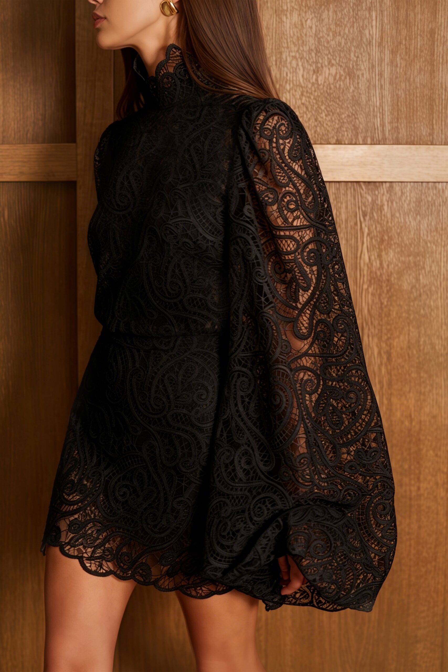 BLACK LACE PUFF SLEEVE TOP & A-LINE SKIRT SET