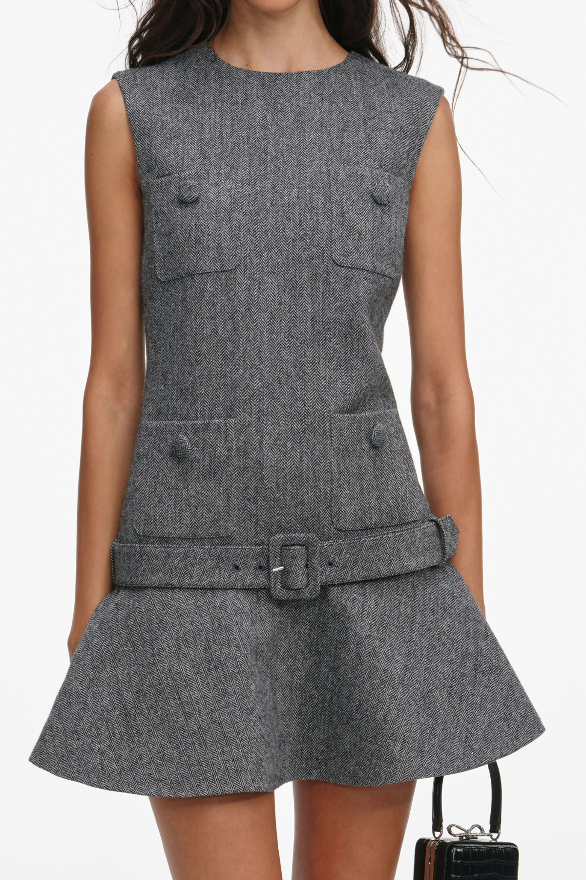 EURYDA HERRINGBONE BELTED FLARED MINI DRESS
