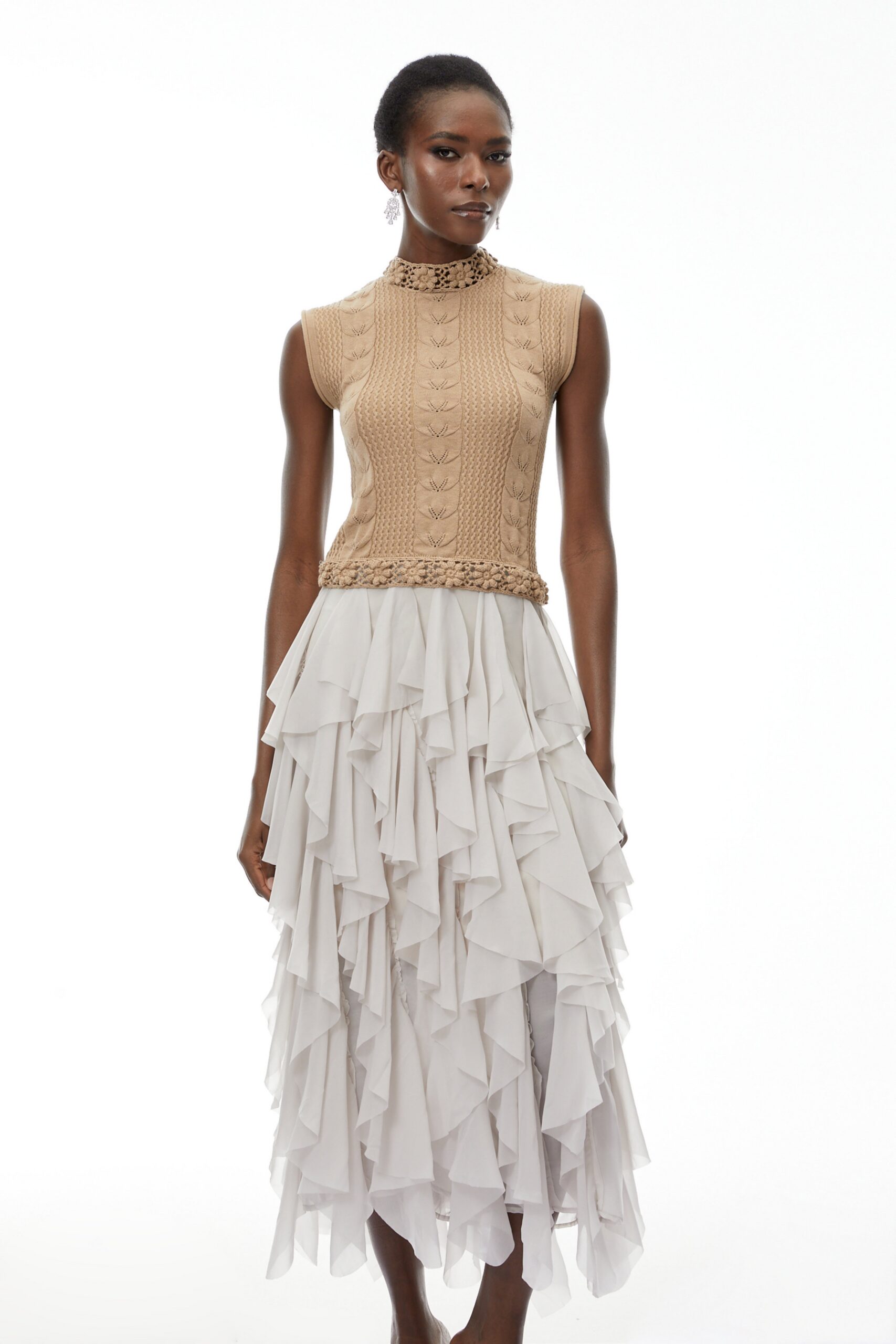 JANICE KHAKI ASYMMETRIC RUFFLED MAXI DRESS