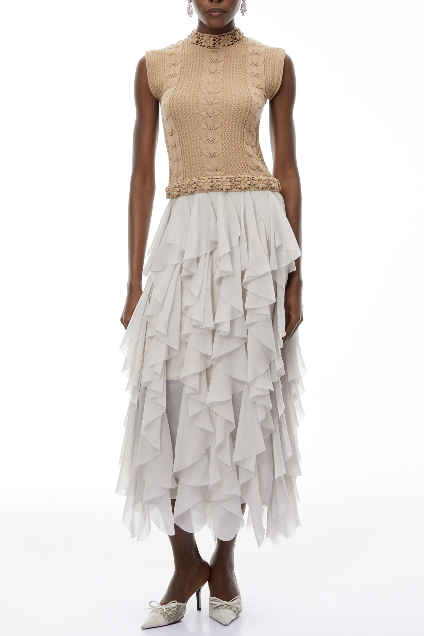 JANICE KHAKI ASYMMETRIC RUFFLED MAXI DRESS