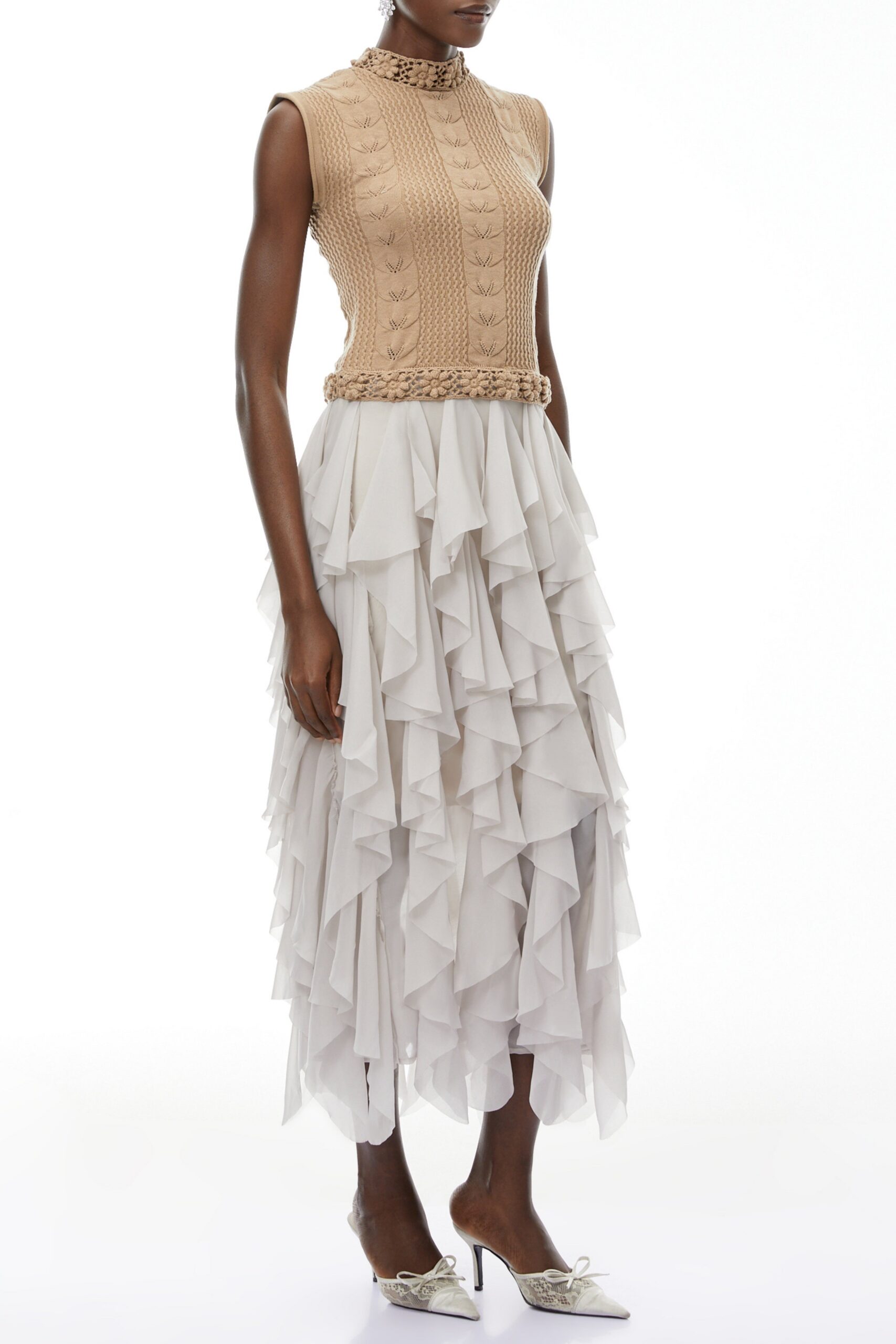 JANICE KHAKI ASYMMETRIC RUFFLED MAXI DRESS