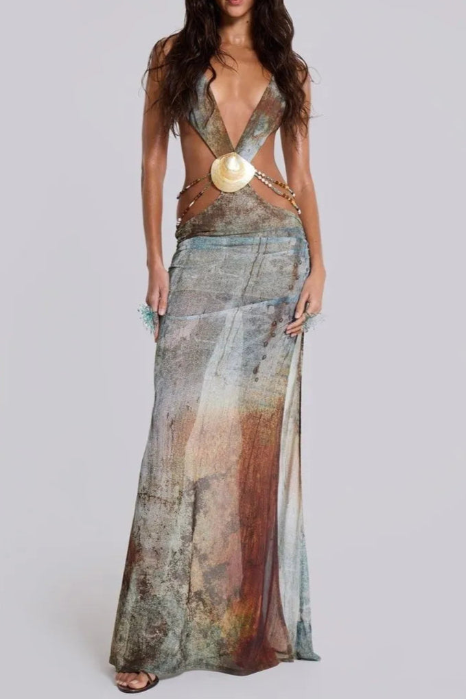 Eve_Halterneck_Shell_Trim_Maxi_Mesh_Dress-Sunfere EINAR MESH BACKLESS MAXI DRESS, PRINT EMBELLISHED, PARTY