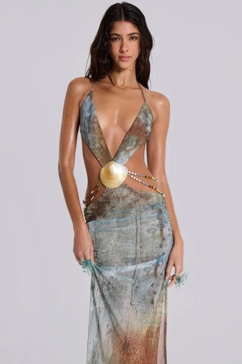 EINAR MESH BACKLESS MAXI DRESS, PRINT EMBELLISHED, PARTY