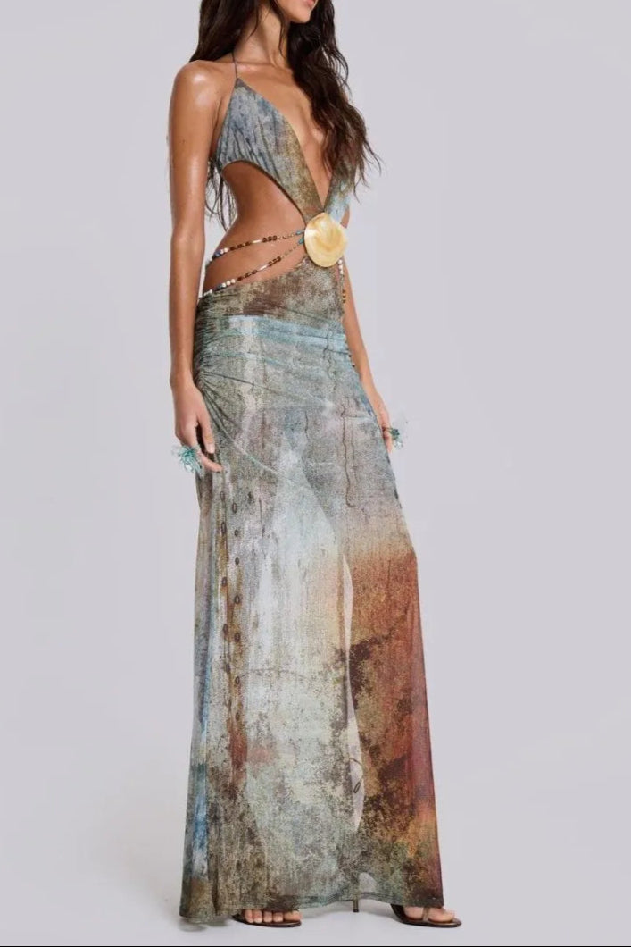 EINAR MESH BACKLESS MAXI DRESS, PRINT EMBELLISHED, PARTY