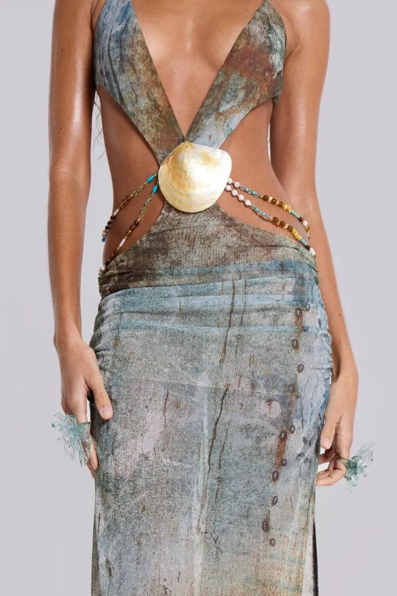 EINAR MESH BACKLESS MAXI DRESS, PRINT EMBELLISHED, PARTY