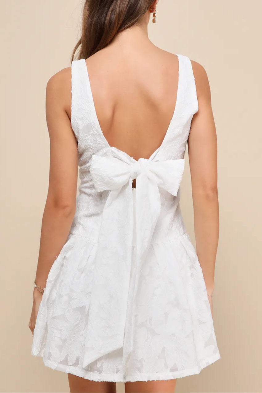 EXUBERANT WHITE JACQUARD DROP WAIST MINI DRESS