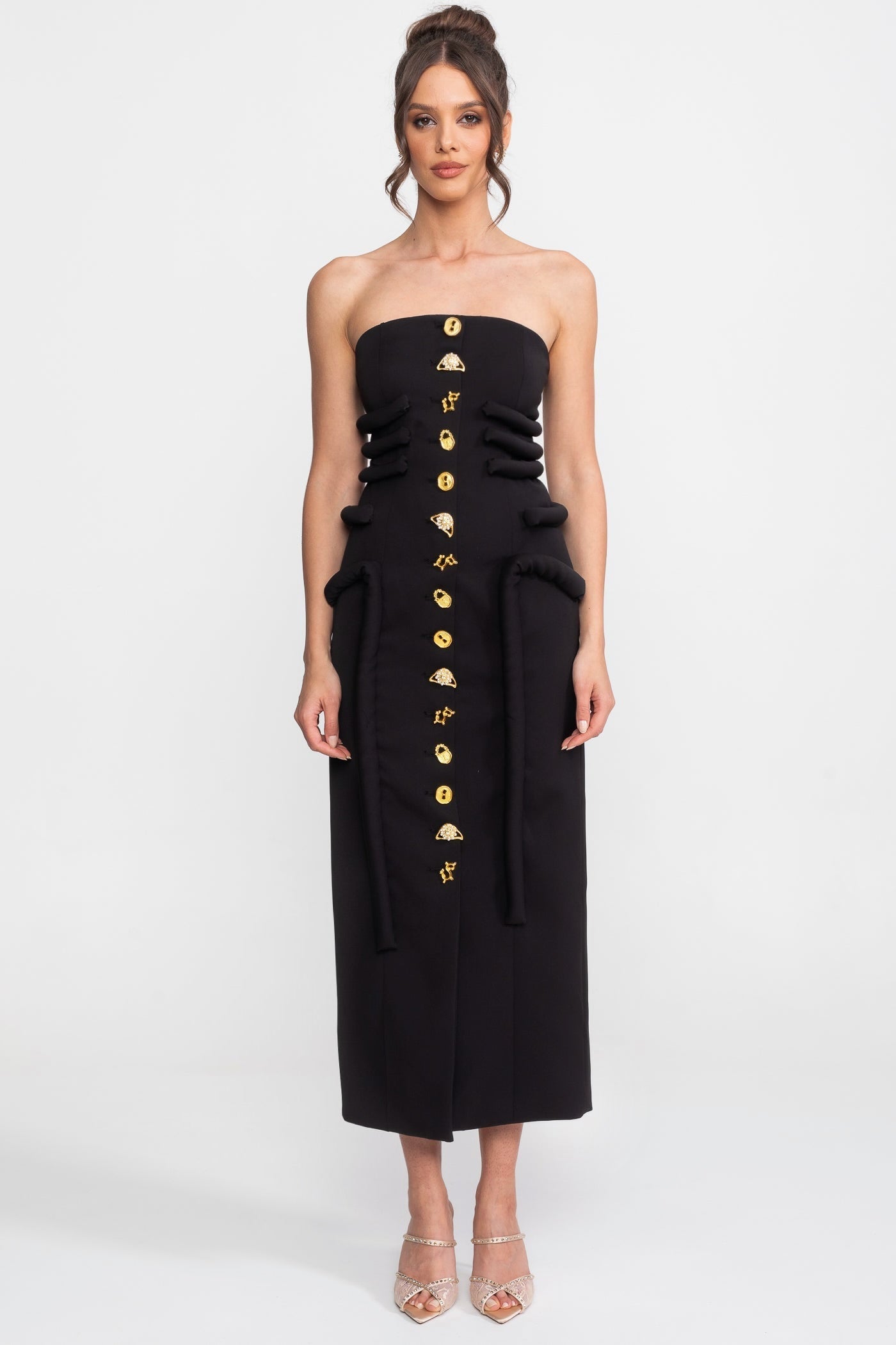 BLACK KNOTTED MIDI DRESS, JEWEL BUTTONS, EVENING