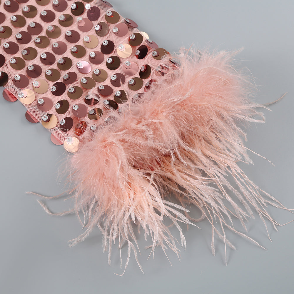 SEQUIN FEATHER TRIM MINI DRESS FOR PARTY NIGHT