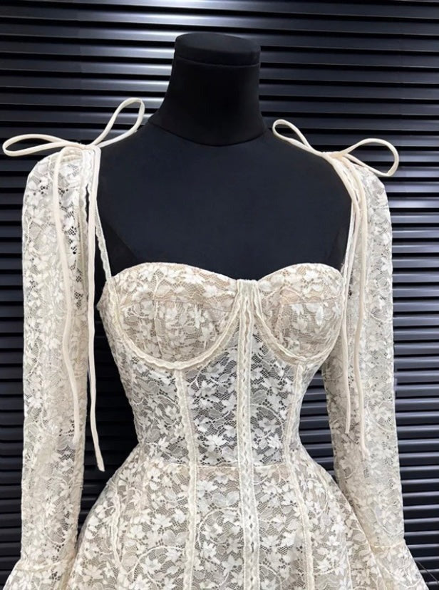 BEIGE LACE MINI DRESS FOR PARTY
