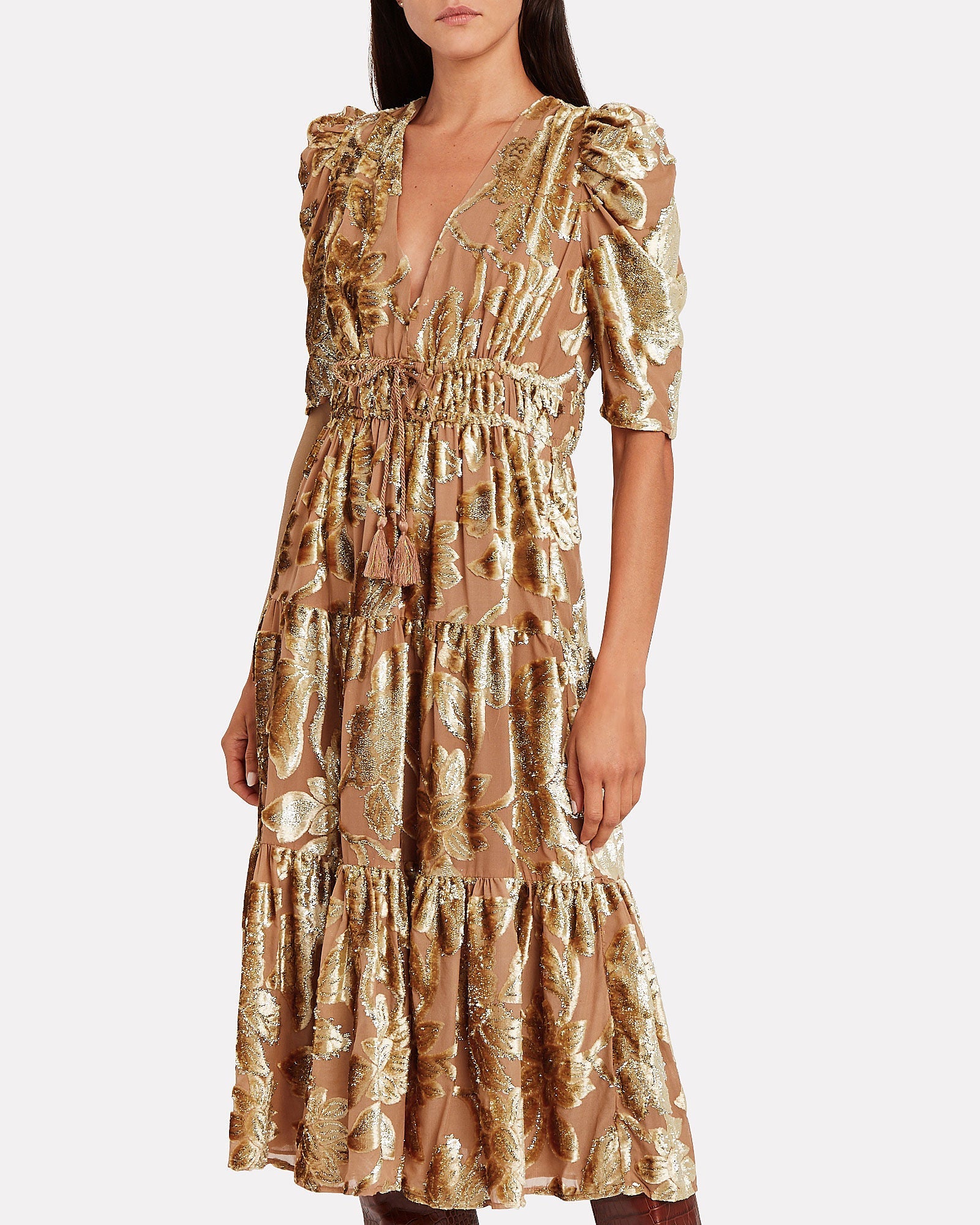 LORETTA GOLD METALLIC DEVORÉ MIDI DRESS