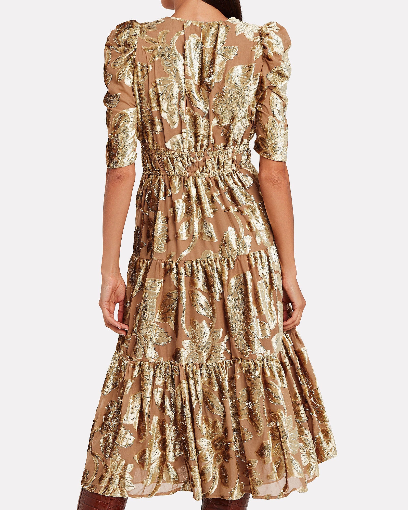 LORETTA GOLD METALLIC DEVORÉ MIDI DRESS