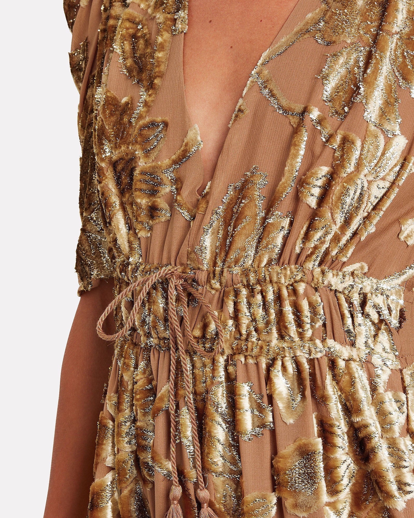 LORETTA GOLD METALLIC DEVORÉ MIDI DRESS