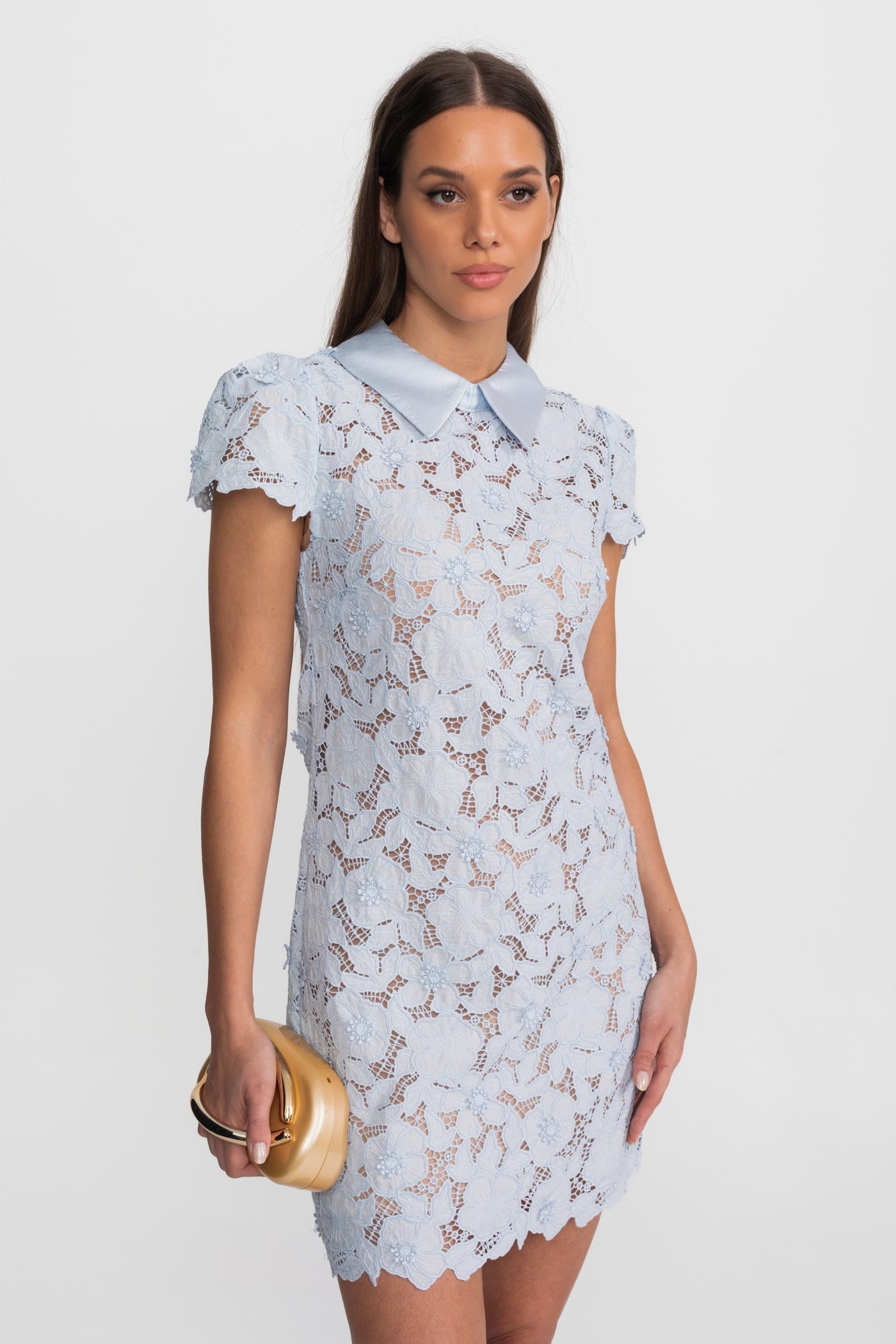 SYLVIA LIGHT BLUE LACE MINI DRESS, SATIN COLLAR, BOHO