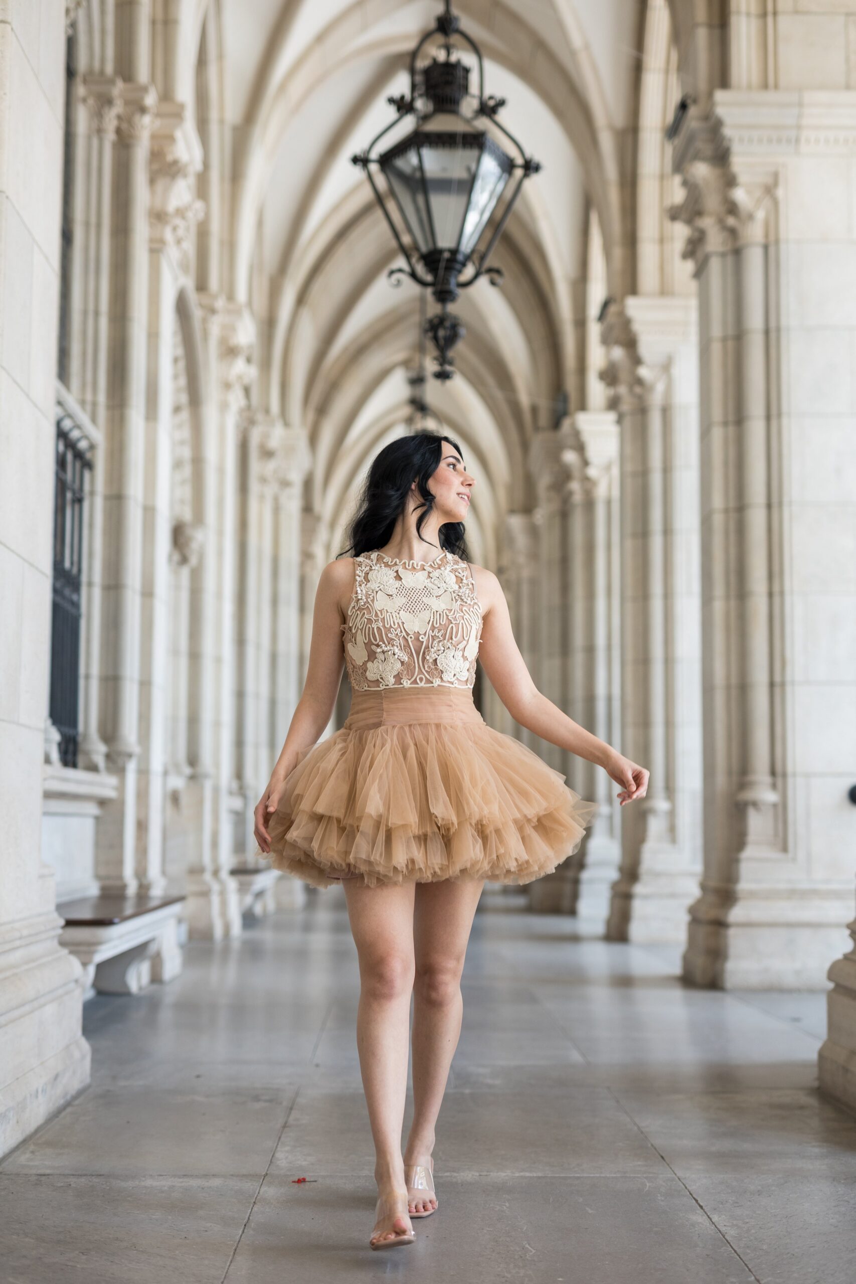BEIGE BALLERINA TULLE MINI DRESS 3D APPLIQUE