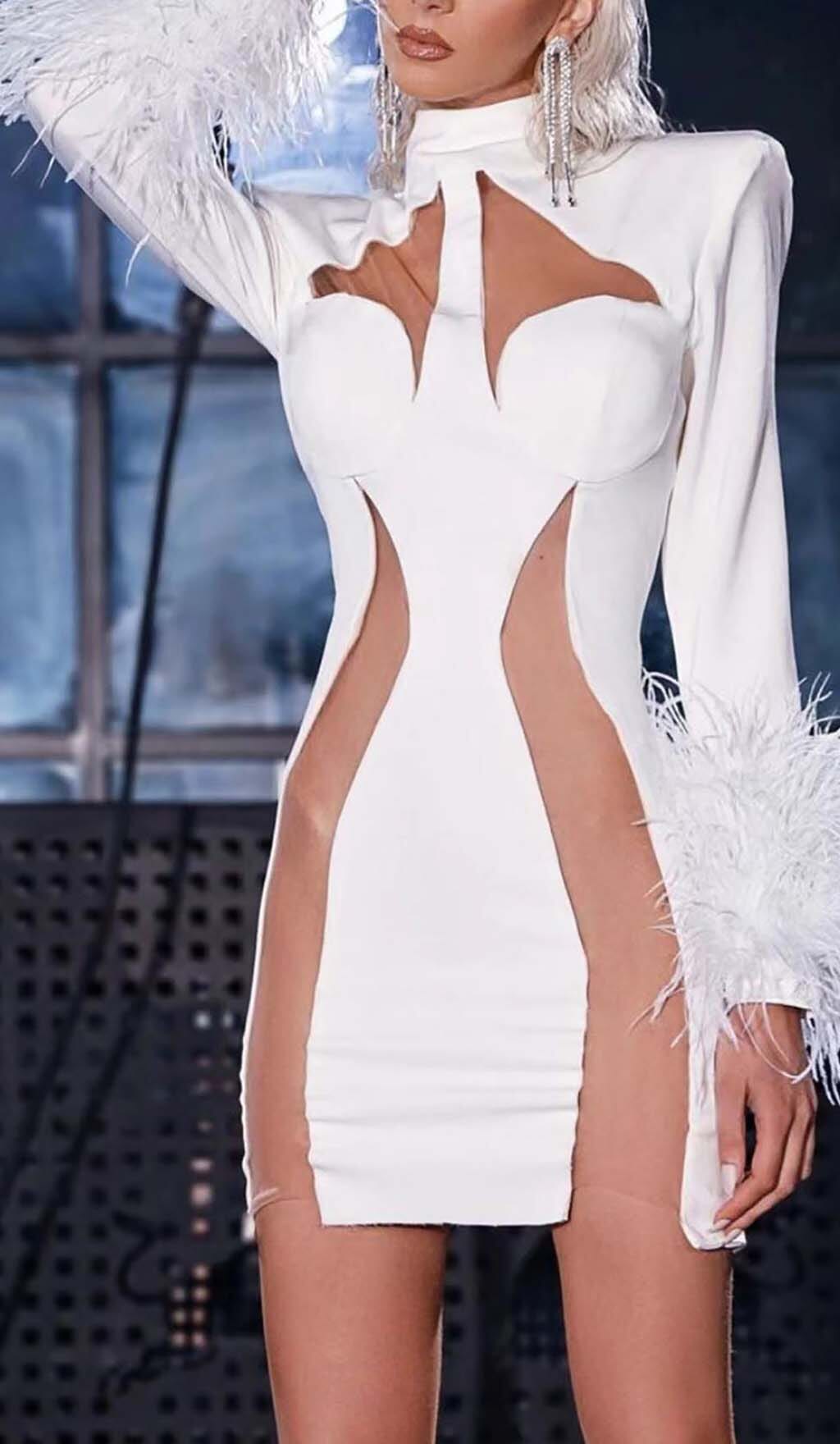 FEATHER BANDAGE MINI DRESS WHITE PARTY