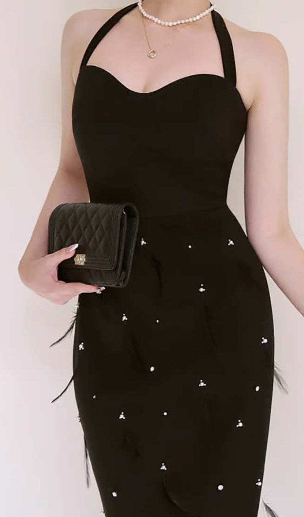 FEATHER RHINESTONE BODYCON MIDI DRESS BLACK