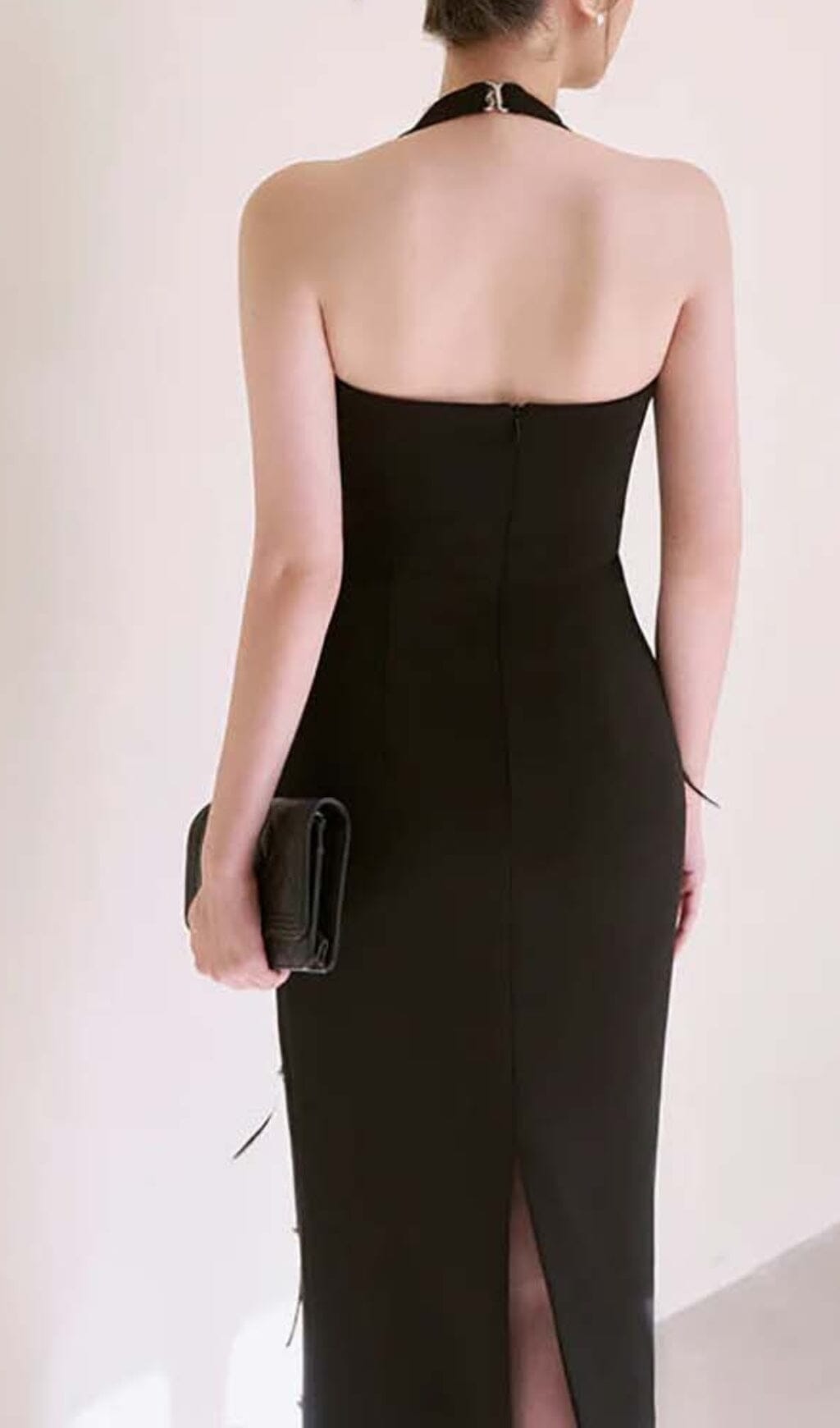 FEATHER RHINESTONE BODYCON MIDI DRESS BLACK