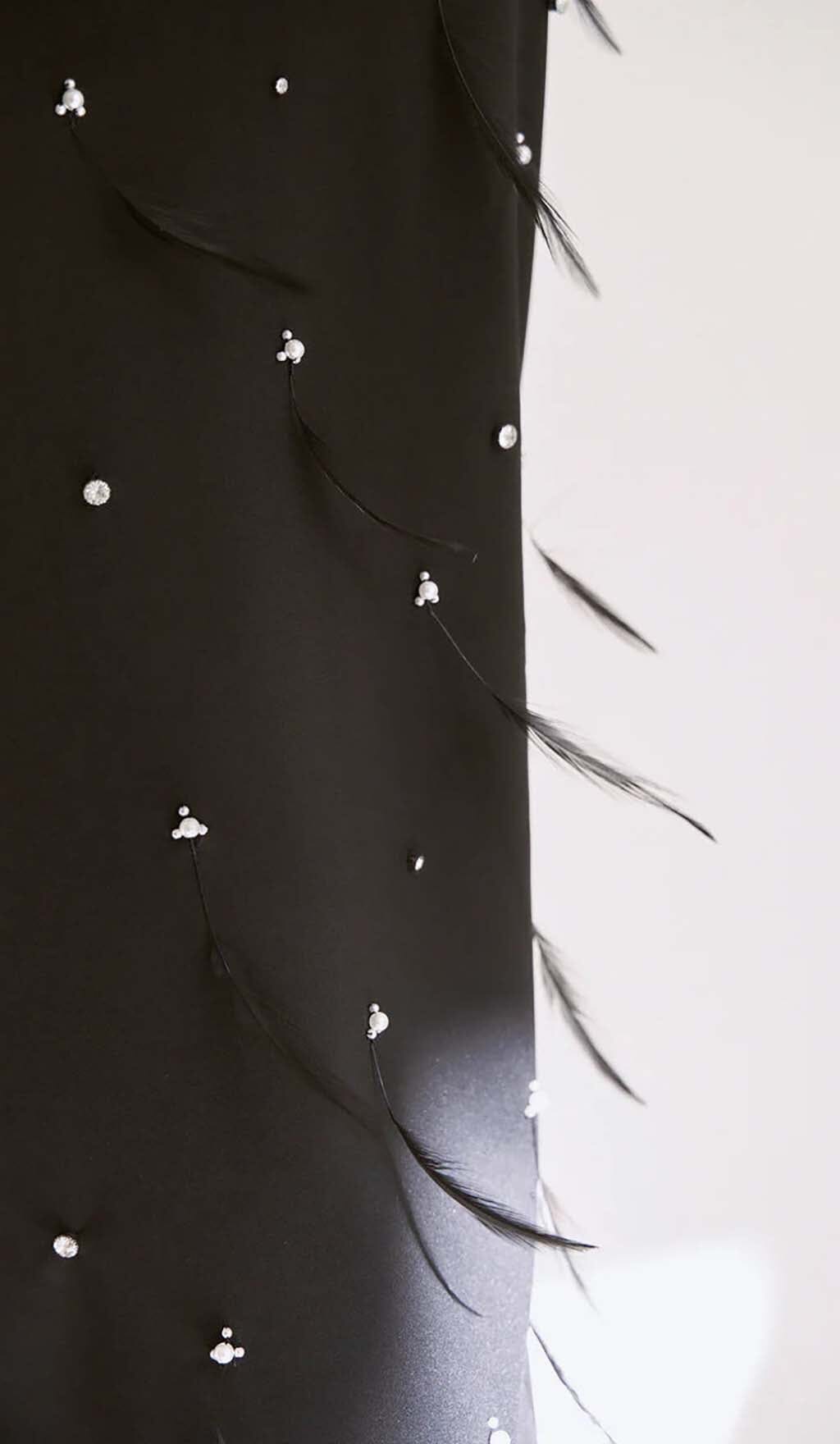FEATHER RHINESTONE BODYCON MIDI DRESS BLACK