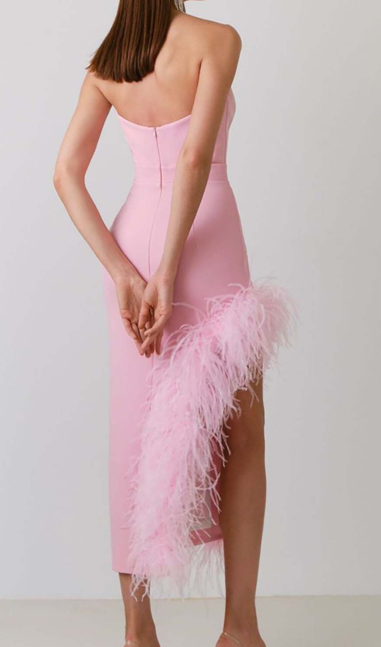 FEATHER TRIM SPLIT MIDI DRESS, BUBBLEGUM