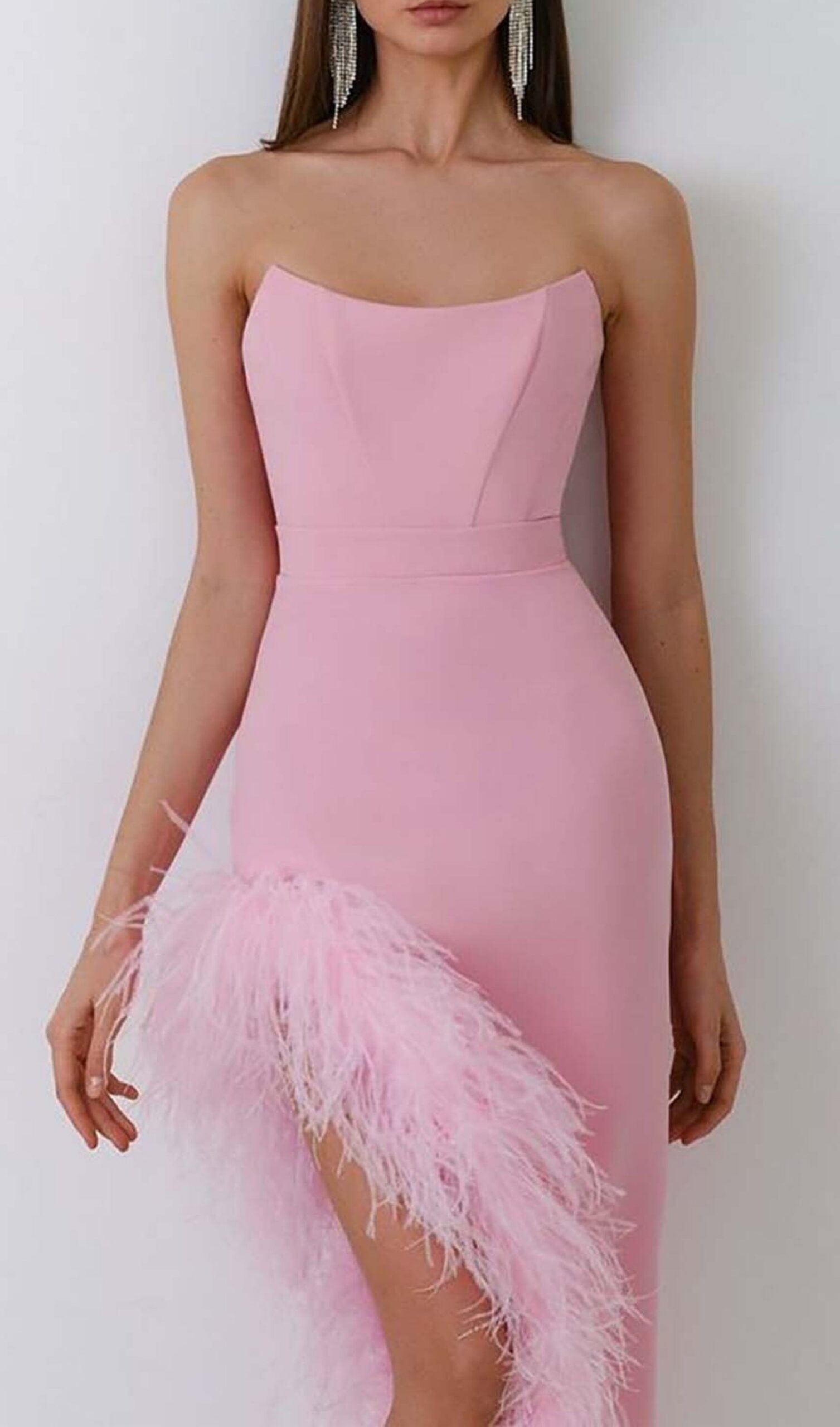 FEATHER TRIM SPLIT MIDI DRESS, BUBBLEGUM