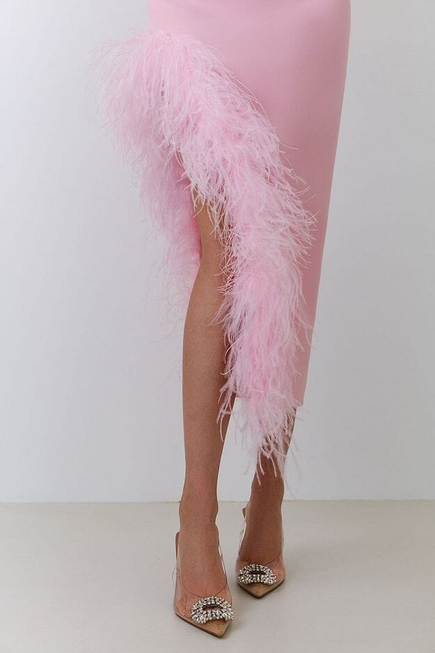 FEATHER TRIM SPLIT MIDI DRESS, BUBBLEGUM