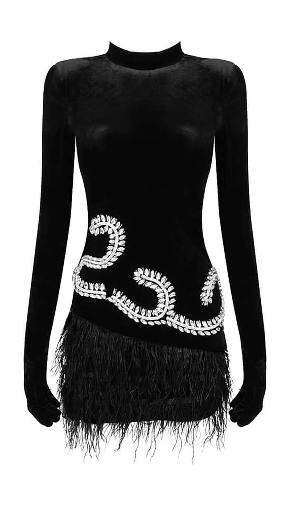 BLACK VELVET FEATHER GLOVE MINI DRESS