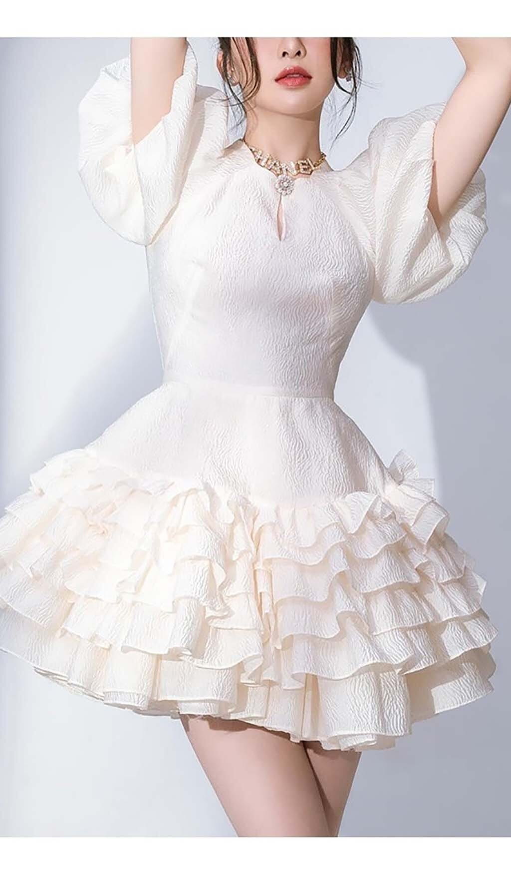 FLARED BUBBLE MINI DRESS WHITE PARTY