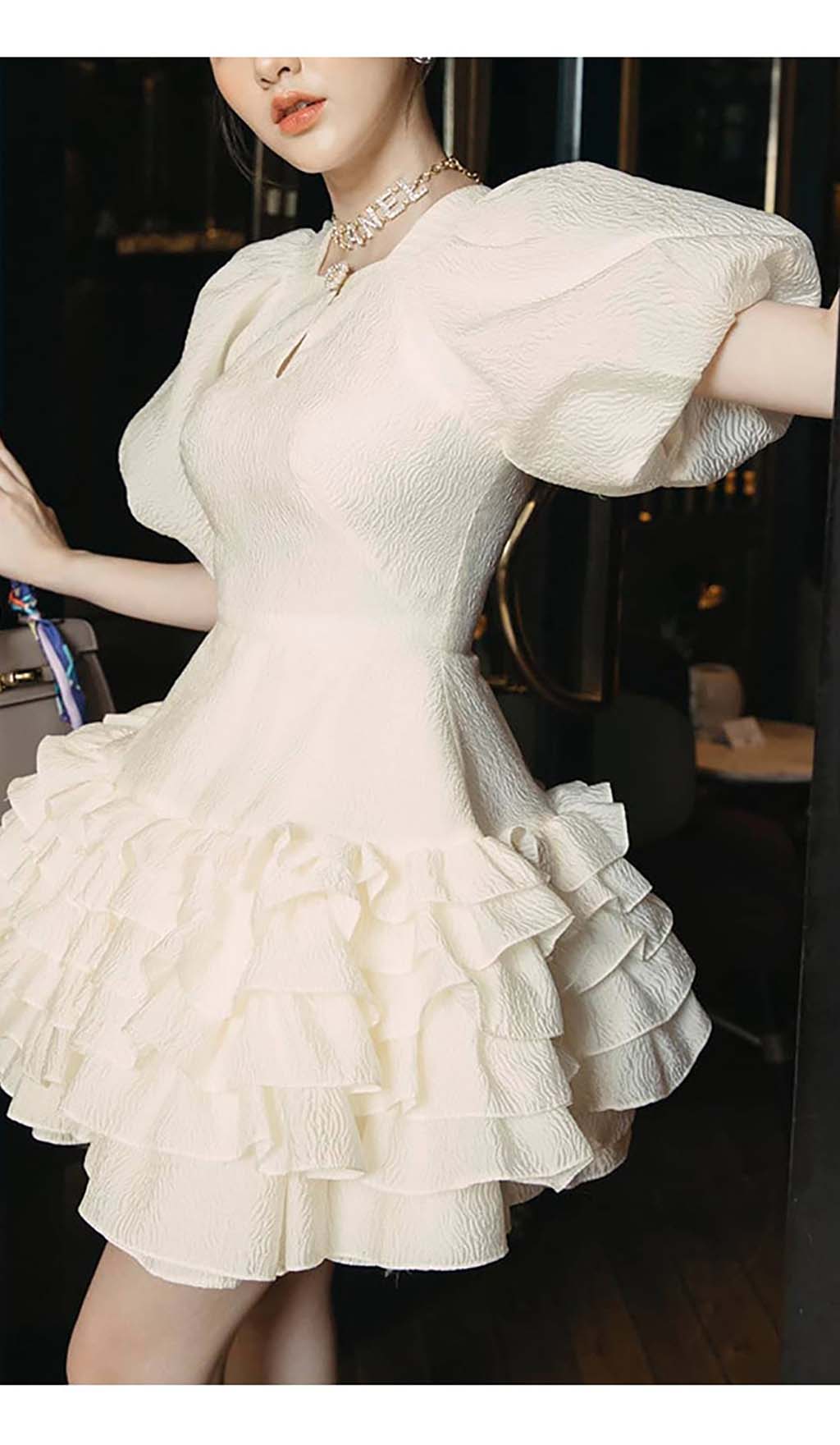 FLARED BUBBLE MINI DRESS WHITE PARTY