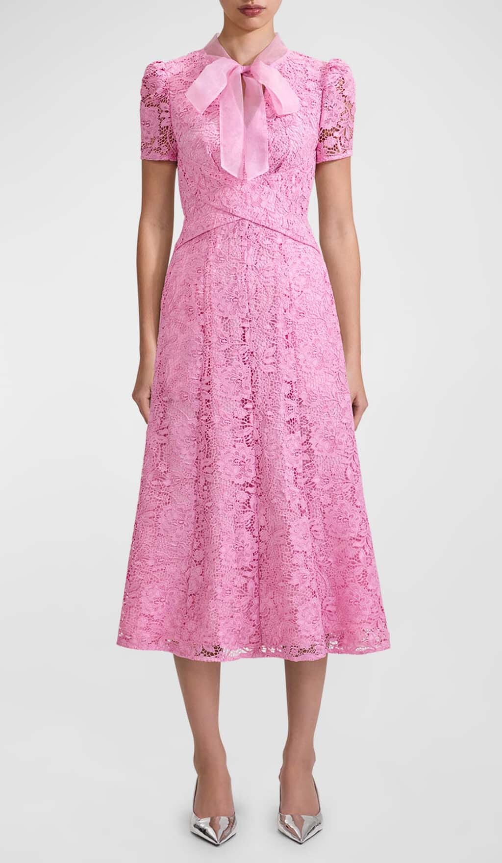 FLARED-HEM-LACE-MIDI-DRESS-IN-PINK-2 LACE TRUMPET MIDI DRESS FOR WEDDING GUEST