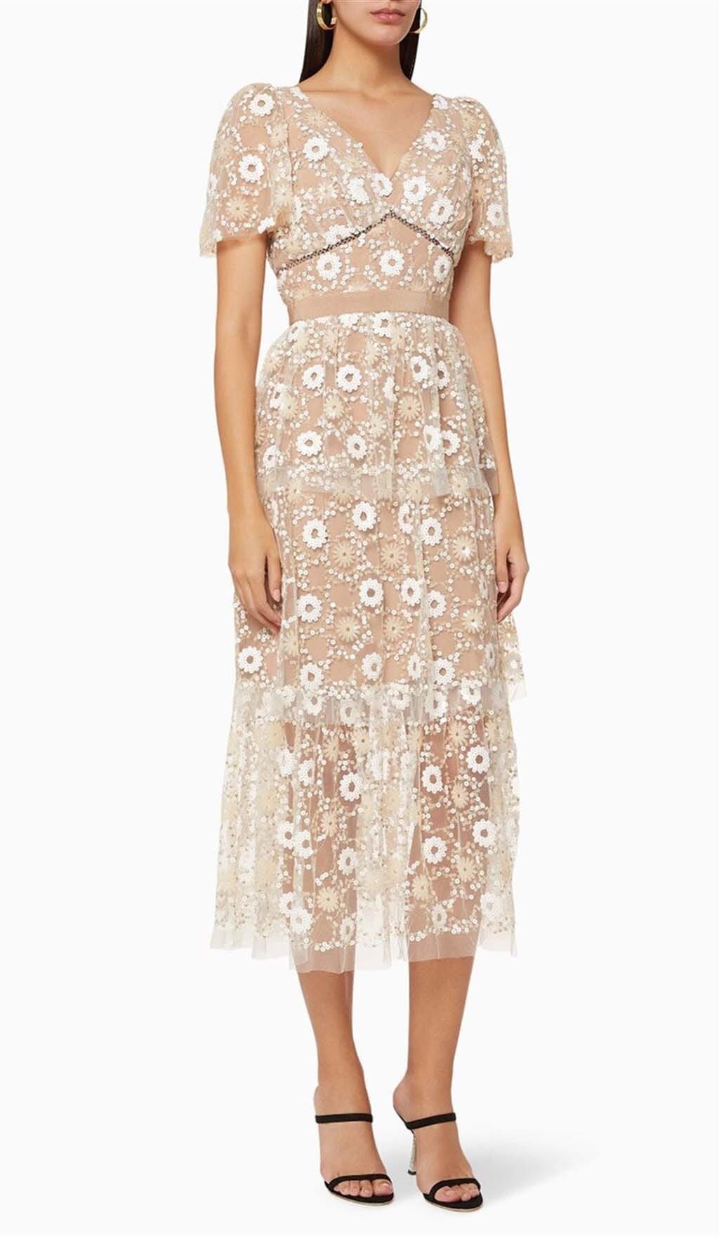 FLORAL-EMBELLISHED-PUFF-SLEEVE-MIDI-DRESS-IN-WHITE-2 FLORAL EMBELLISHED PUFF SLEEVE MIDI DRESS FOR WEDDING GUEST