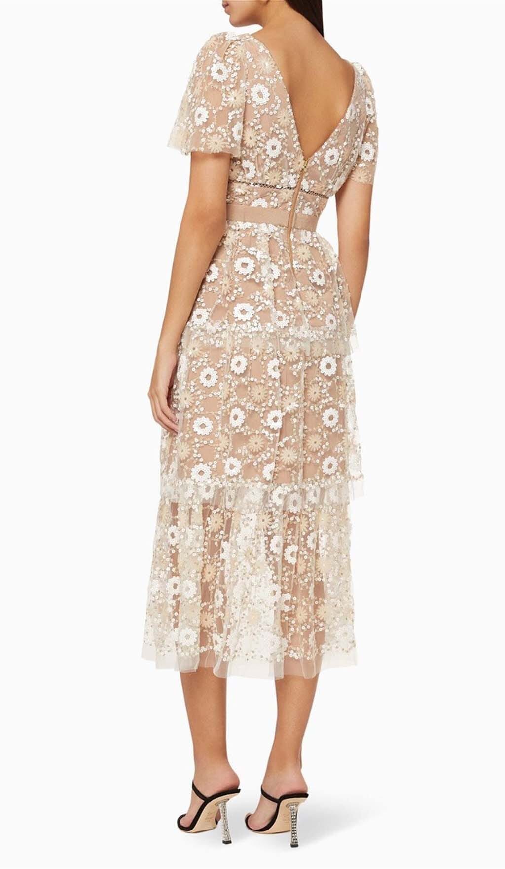 FLORAL EMBELLISHED PUFF SLEEVE MIDI DRESS FOR WEDDING GUEST