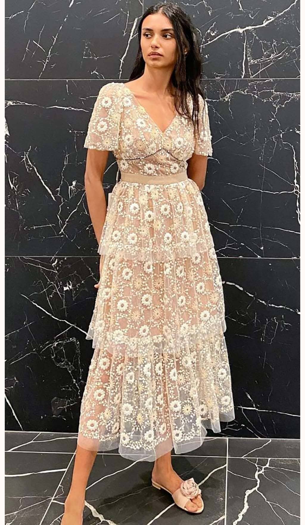 FLORAL EMBELLISHED PUFF SLEEVE MIDI DRESS FOR WEDDING GUEST