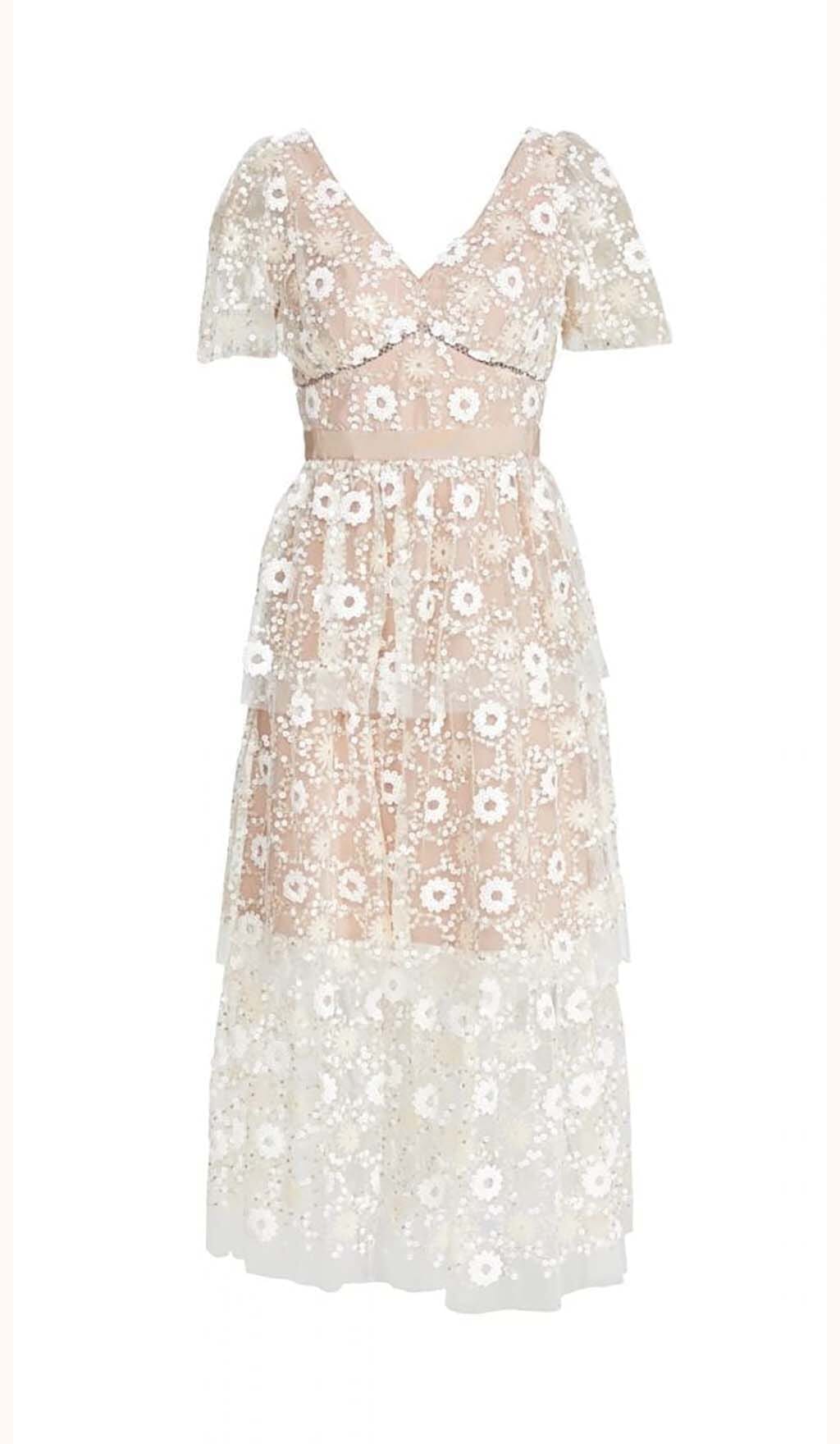 FLORAL EMBELLISHED PUFF SLEEVE MIDI DRESS FOR WEDDING GUEST
