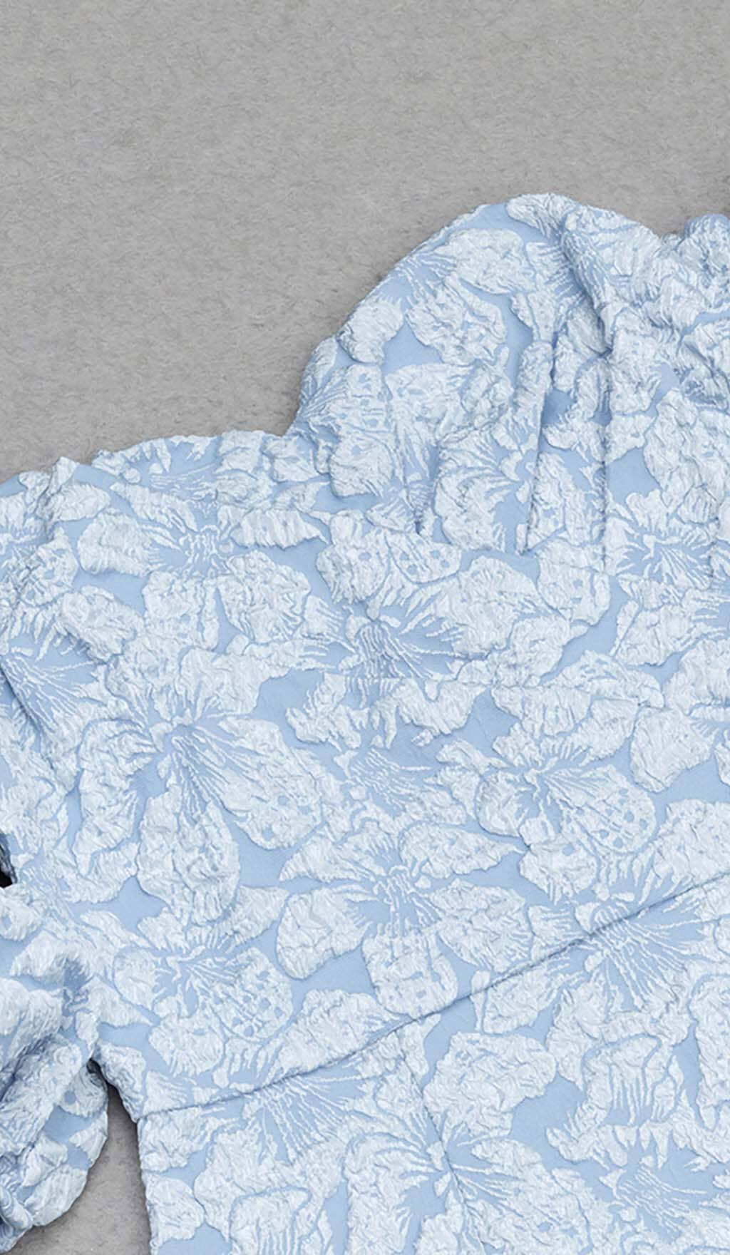 JACQUARD PUFF SLEEVE MIDI DRESS SKY BLUE