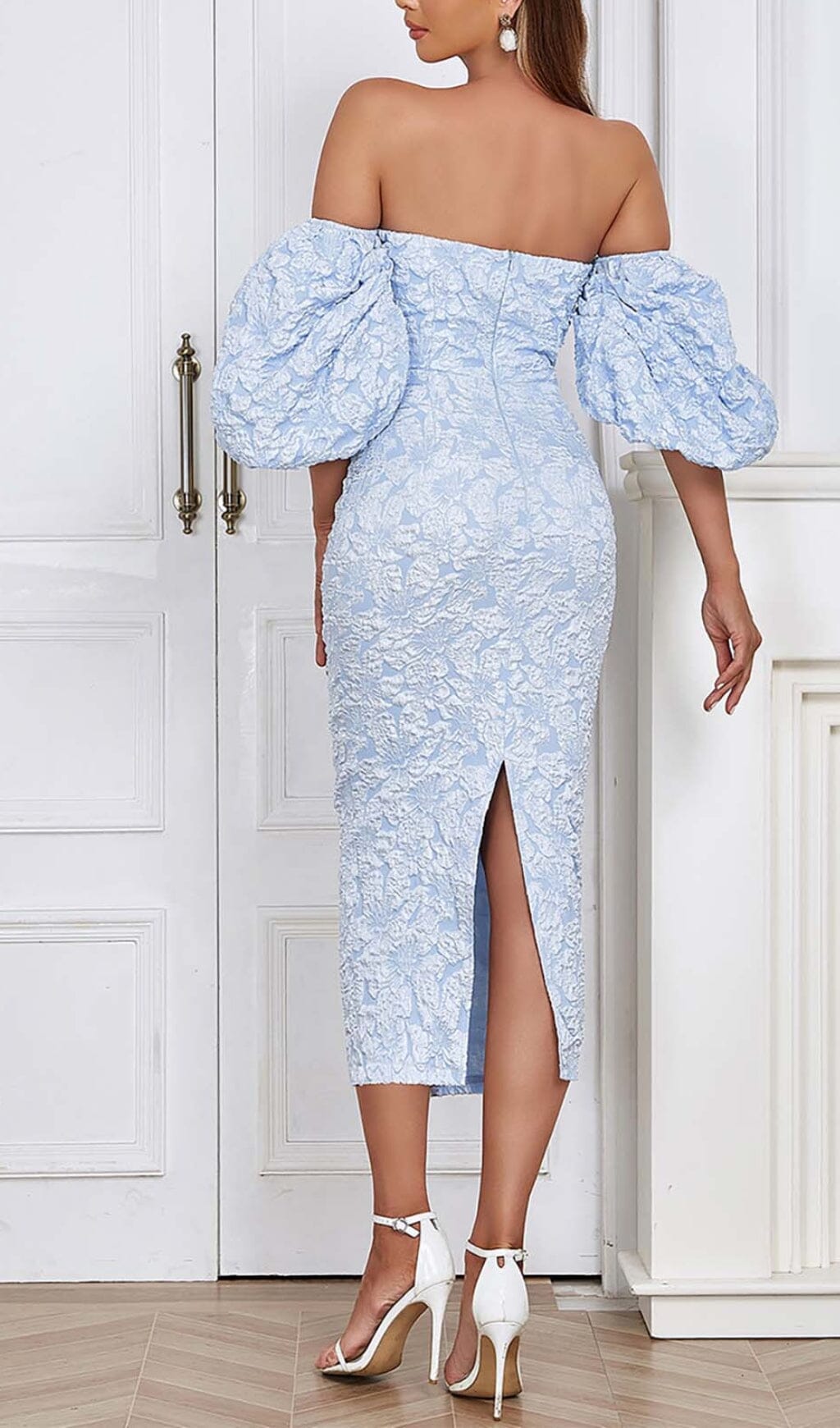 JACQUARD PUFF SLEEVE MIDI DRESS SKY BLUE