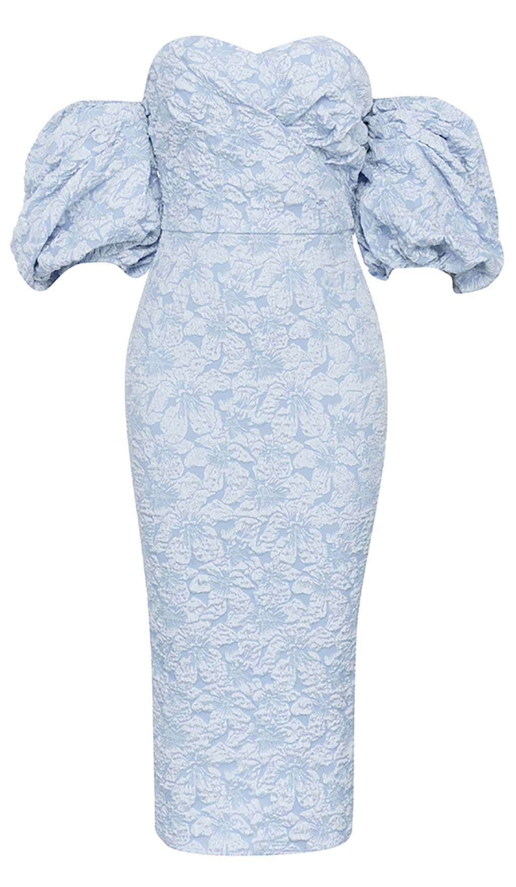 JACQUARD PUFF SLEEVE MIDI DRESS SKY BLUE